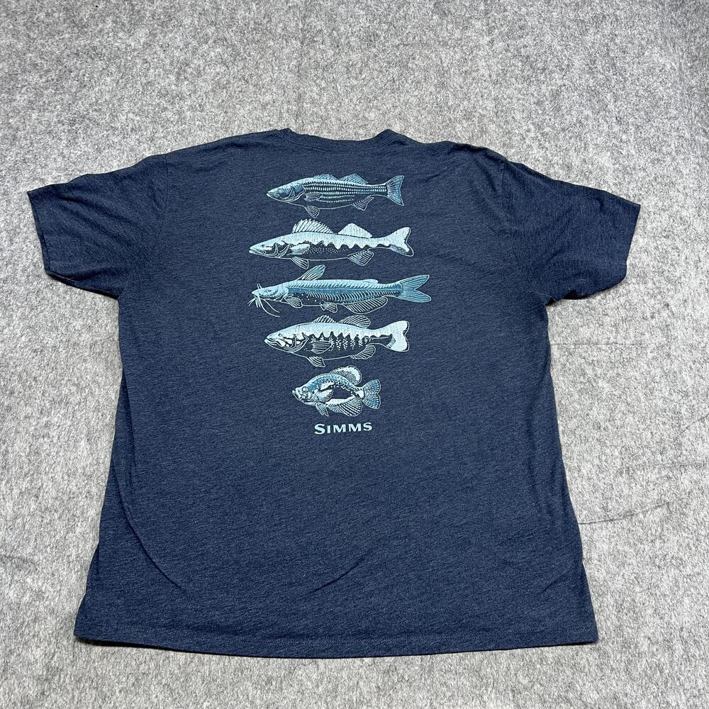 Simms Shirt Mens XL Blue Fish Back Crew Knit Casual Outdoors Travel Fishing